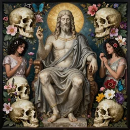 the oracle of ancient wisdom surrounded by floral skulls, italian futurism, da vinci, dan mumford, josan gonzalez