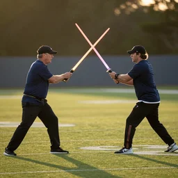 Coach Belichick and coach Tomlin fighting with lightsabers alone on a football practice field, golden hour
