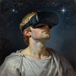 socrates wearing a virtual reality headset looking up towards the stars, oil painting
