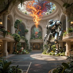 Futuristic parking lot interior with ((((beautiful and magical garden)))). By Frank Lloyd Wright, concept art, inrincate, sharp focus, digital painting, unreal engine, cgsociety, neoclassical, mech, robot, fractal flame, cinematic, highly detailded