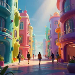 A colorful science fiction neigbourhood, in the future. The walls change colour and shape depending on the clothing of the people walking in front of them, epic lighting, 8K, Rendered in Cinema4D, 8K 3D, CGSociety, ZBrush, volumetric light, lightrays, wide angle shot, atmospheric, octane