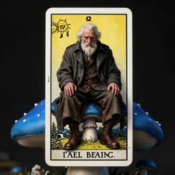 a very old man wearing a dark overcoat sitting on a giant blue mushroom, tarot card, mythical, concept art, trending on artstation, high quality, highly detailed, digital art, high coherence, path traced, high definition, anatomically correct, badass, dramatic lighting, cinematic, high contrast, masterpiece