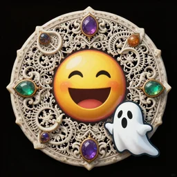 fractal mandala very funny joy emoji trip ghost color an ancient white bone and gemstone relic, intricate engraving matt groening art style
