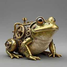 brass steampunk bullfrog. highly detailed. octane render. clockwork. gears, pipes.