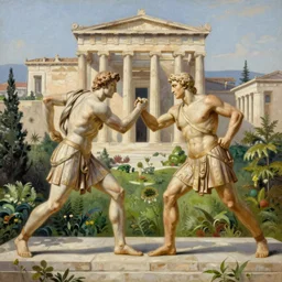 2 athens fighting in ancient athens, intricate architecture, greenery, panorama, oil painting by jacques - louis david