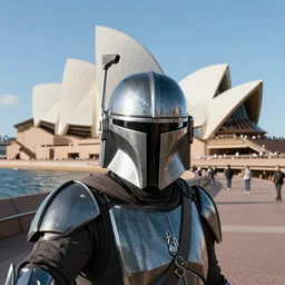 Mandalorian selfie by the Sydney Opera House, cinematic, hyper realism, high detail, vivid colors, octane render, unreal engine, 8k