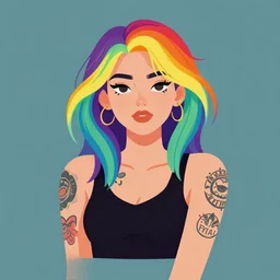 a young woman with beautiful rainbow hair and lots of tattoos. clean cel shaded vector art. shutterstock. behance hd by lois van baarle, artgerm, helen huang, by makoto shinkai and ilya kuvshinov, rossdraws, illustration, art by ilya kuvshinov