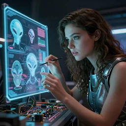 beauty young space woman fixing in a hologram with alien artifacts, electrical case display, 80s Aliens tech, ultrarealistic, dramatic lighting, electrical details, high details, 4k, 8k, best, accurate, trending on artstation, artstation, photorealism, ultrarealistic, digital painting, style of Peter Mohrbacher and Boris Vallejo and Wayne barlowe