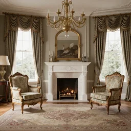 victorian living room interior with 2 windows and a fireplace, 2 baroque armchairs, 1 carpet, octane render, realistic,4k