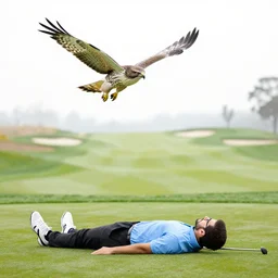 on a golf course a hawk is flying above a man who is lying on the floor with a golf club in his hand and pool of red liquid flows from his head by emile friant