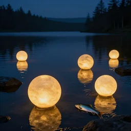 glowing orbs over a lake in the night, wet rocks, fish