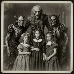 vintage portrait photograph, monochrome plate, grotesque lovecraftian god creatures posing with monstrous mutant victorian family of demonic cenobite people, distressed old photo, deteriorating, grunge, antique, slight sepia tone, horror, madness