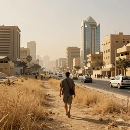 a hd photo of a casual walk on a futuristic egyptian city, dry grass, busy road city, studio engine lighting, sunrise, digital art, trending on artstation