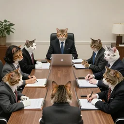 photo of cats in suits attending a management board meeting. Highly detailed 8k. Intricate. Sony a7r iv 55mm. Stock photo.