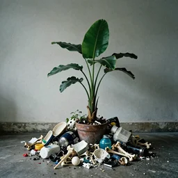 “analogue moody details photo of plant made of garbage and bones”