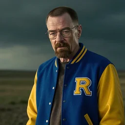 gus fring in a blue varsity jacket with yellow sleeves, still from breaking bad