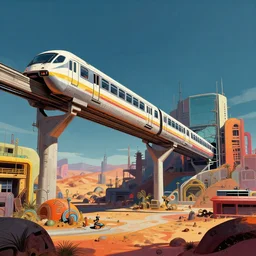 concept art monorail shonan in martian landscape, brutalism, colorful, syd mead, 4 k resolution, octane render, intricate, ultra detailed, medium full shot, volumetric lighting, cinematic lighting + masterpiece,