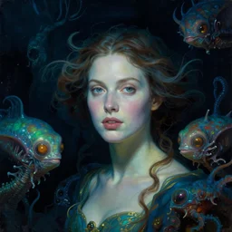 an underwater close - up renaissance portrait of a glistening woman surrounded by alien sea creatures. deep blue and green tones, warm light. night time. gloomy dark black background. highly detailed fantasy science fiction portrait painting by norman rockwell, moebius, frank frazetta, and syd mead. rich colors, high contrast. artstation