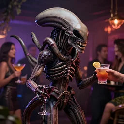 Xenomorph at a cocktail party, photo, detailed, 4k