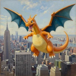 charizard flying above new york, oil on canvas, intricate, 8 k highly professionally detailed, hdr, cgsociety