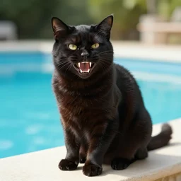 a picture of an angry black fuzzy cat with big sharp teeth and yellow eyes sitting by a pool on a sunny day