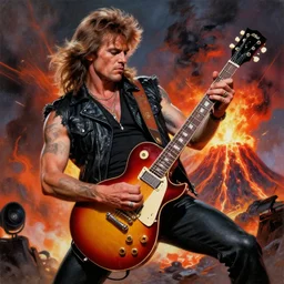 rodney dangerfield shredding on a gibson les paul, painting by frank frazetta, heavy metal artwork, bad motherfucker playing a solo while a volcano erupts, high intensity rodney dangerfield promo shot, 3 d