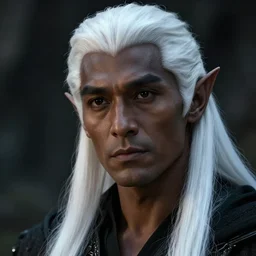 a portrait of a drow elf male, long length slick white hair, dark charcoal skin, examining something, relaxed eyebrows, handsome, smooth skin, young adult in with late twenties, raised eyebrows, pointed chin, charcoal color skin, style by donato giancola, wayne reynolds, jeff easley dramatic light, high detail, cinematic lighting, artstation, dungeons and dragons