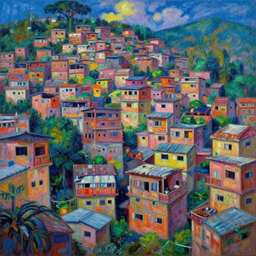 brazilian favela, fantastic characters in the scene, epic cyberpunk, lofi vibe, colorful, vivide colors, amazing light, really beautiful nature, oil painting, by jeremy lipkin, by claude monet, by makoto shinkai, kandinsky touches, multiple brush strokes, inspired by ghibli, masterpiece, beautiful