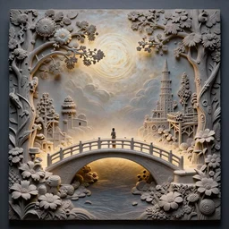 3 d high relief painting of fairyland bridge, outside of time and space, dreamy, romantic, gorgeous lighting, well lit, backlit, dramatic cinematic lighting, intricate, highly detailed, octane render, 8 k