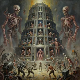 oil paint of 1 1 horrifying machines as mainframe 6 0 s computers inside flayed gods in tiers, colossal medical gangrene machines in tiers, dethroning / we machines / melee, battle pit, by shigeru komatsuzaki, wayne d barlowe, stefano tamburini, ember light, muted colors, epic, hyper detailed, awe inspiring, award winning horror