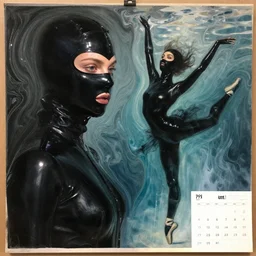 two beautiful female body silhouettes, op art, beautiful marbling acrylic fluid portrait, photography by amy leibowitz, renaissance painting by michaelangelo, matte fresco, black latex female balaclava, female calendar, ballerina body covered with black latex, underwater, concept art, melting glass, close up portrait, cinematic still, film still, magic hour, fashion portrait, black colors, sketch