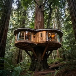 modern futuristic treehouse in California redwood forest, enormous trees, dense forest