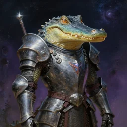 sad alligator dressed in futuristic knights armor, cosmic horror painting, elegant intricate digital painting artstation concept art by mark brooks and brad kunkle detailed