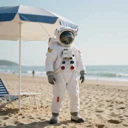 a beautiful photo of an astronaut on the beach under a beach umbrella, summer sun, 1 9 7 0, soft light, morning light, photorealistic, realistic, octane, 8 k, cinematic shot