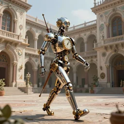 a biomechanical palace guard made of machine parts and clocks is walking through a steampunk byzantine courtyard by anders zorn, gun arms, shiny, wonderful, mandelbulb 3 d buildings, fractal designs, dynamic, masterpiece by greg rutkowski, hyperrealism, beautiful cinematic light, by greg manchess, jessica rossier