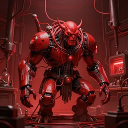 only with red, a red orc in symbiosis with technology, red wires, in a red laboratory, dorohedoro vibes, in the style of beksinski, parts by edward hopper, parts by michael sowa, parts by yue minjun, intricate composition, red by caravaggio, highly quality, highly detailed, masterpiece, red light, artstation, 4 k