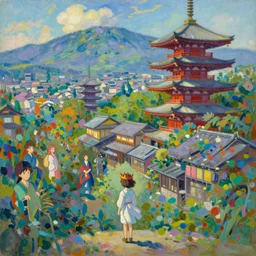 tiny kind wearing a crown in front of a beautiful japanese city in the mountain, amazing ryokans and gorgeous edo era houses, fantastic characters in the scene, epic cyberpunk, lofi vibe, vivide colors, amazing light, really beautiful nature, oil painting, impressionist style, by jeremy lipkin, by claude monet, by makoto shinkai, kandinsky touches, multiple brush strokes, by ghibli, masterpiece