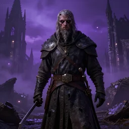 tattered medieval fantasy war veteran in a broken gothic city surrounded by purple haze with creepy eyes glowing in distance