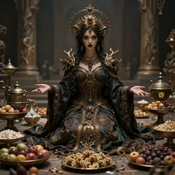 beautiful goddess of feast and famine, full body, ominous, cinematic shot, realistic, photography, depth of field, ornate, intricate detail, finely detailed, photorealistic, epic, high definition, 8 k, artstation, midjourney