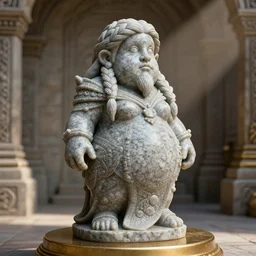 masterwork smooth granite statue depicting a beautiful ancient dwarven queen with long braided hair, on a golden pedestal in the middle of a worked stone room, highly detailed, intricate, realistic, soft lighting, sunshafts, artstation, dungeons and dragons, chubby female dwarf, sharp focus
