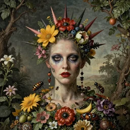 portrait of a punk rock cenobite made out of flowers, fruit and insects in the style of arcimboldo and hieronymous bosch, botanical environment, baroque, surreal, high quality octane render, artstation, highly detailed