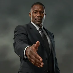 charles white jr. offering a handshake towards the camera, cinematic, gloomy background, realistic, digital art, character art, 8 k