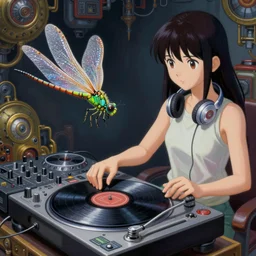 surreal gouache painting, by yoshitaka amano, by ruan jia, by Conrad roset, by good smile company, detailed anime 3d render of a magical Dragonfly  flying on a DJ Mixer, Vinyl deck, controller , portrait, cgsociety, artstation, rococo mechanical and Digtanl  and electronic, dieselpunk atmosphere