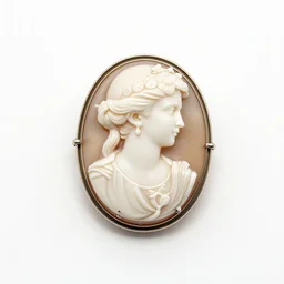 vintage cameo brooch, 8k product photo, isolated on a pure white background, centered, entire object in frame, sharp focus, soft studio lighting