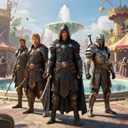 mage, assassin and warrior stand in the middle of the square in front of the fountain, day, carnival on the background, by marc simonetti, tyler edlin, deviantart, ray tracing, octane render, digital art, realistic, high quality, 8 k