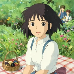 Portrait of a woman having a picnic in a verdant garden, beautiful face, highly detailed, Japanese watercolor, by Makoto Shinkai and Hayao Miyazaki, by Ilya Kuvshinov and Alphonse Mucha and Andrei Riabovitchev