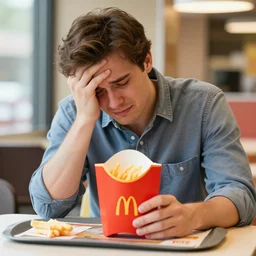 color photo of a sad crying man eating a mcdonald's happy meal at a mcdonald's restaurant