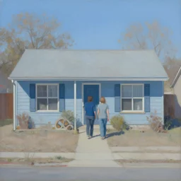 a couple standing outside of a small suburban house, dusty blue. beautiful painting by artgerm and greg rutkowski