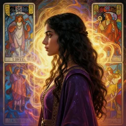 side profile portrait of maya ali sorcerer, tarot, highly detailed, stephen bliss, unreal engine, by greg rutkowski, loish, ferdinand knab, kuvshinov, rossdraws, tom bagshaw, mucha, sargent and leyendecker and greg hildebrandt, global illumination, radiant light, abstract rippling background, gaudy colors