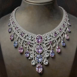 highly detailed oil painting, front view, very realistic gemstones, art nouveau, ornate, delicate, brilliant precious gemstones necklace, necklace on display, dramatic light,